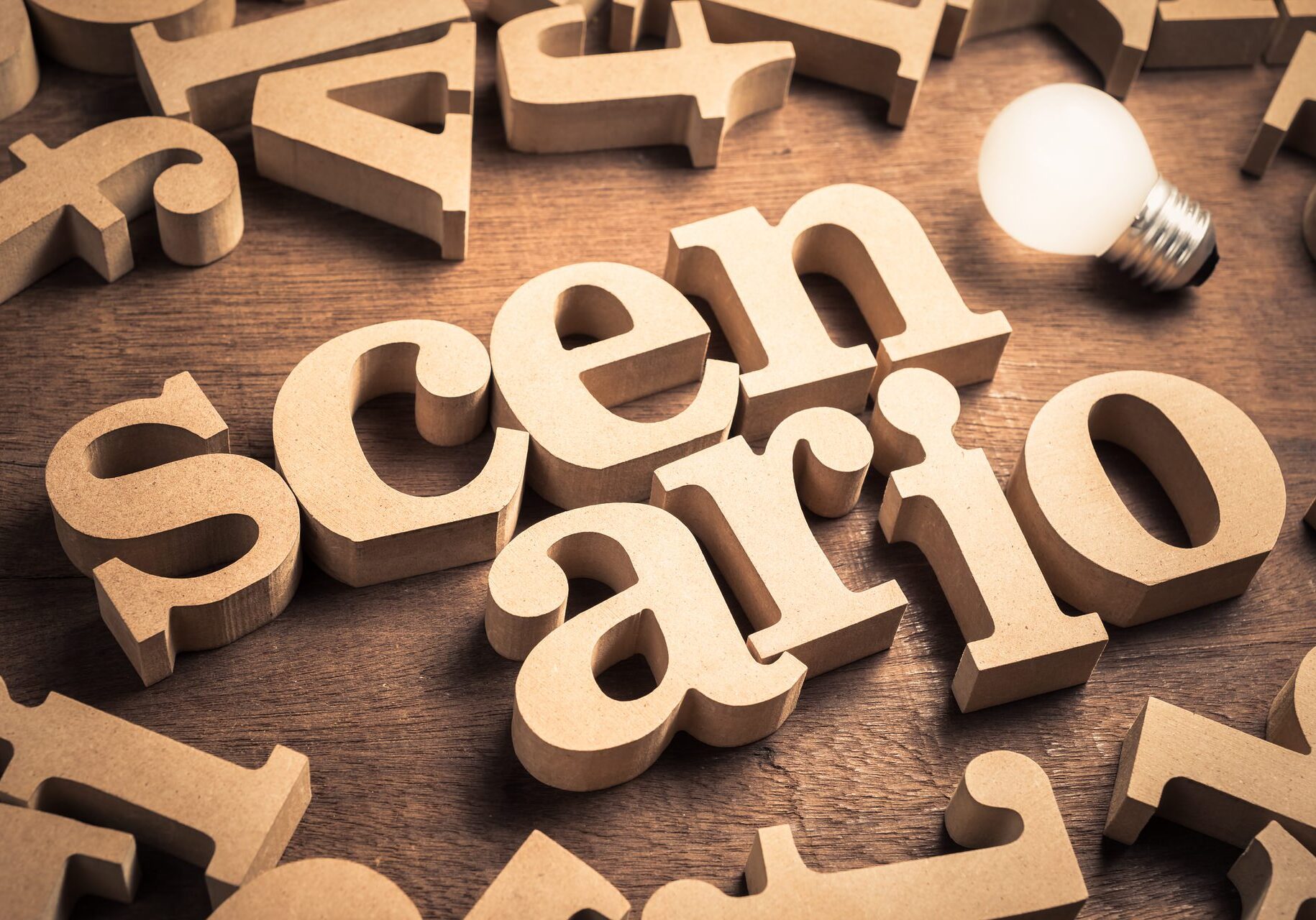 word 'scenario' in wooden letters